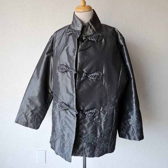 Vintage 80s 90s Gray Satin Floral Asian Chinese Frog Closure Jacket Oversized XL - Picture 1 of 7